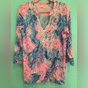 Lilly Pulitzer Pink Blue Kaia Tunic Top Fan Sea periwinkle L resort artsy preppy